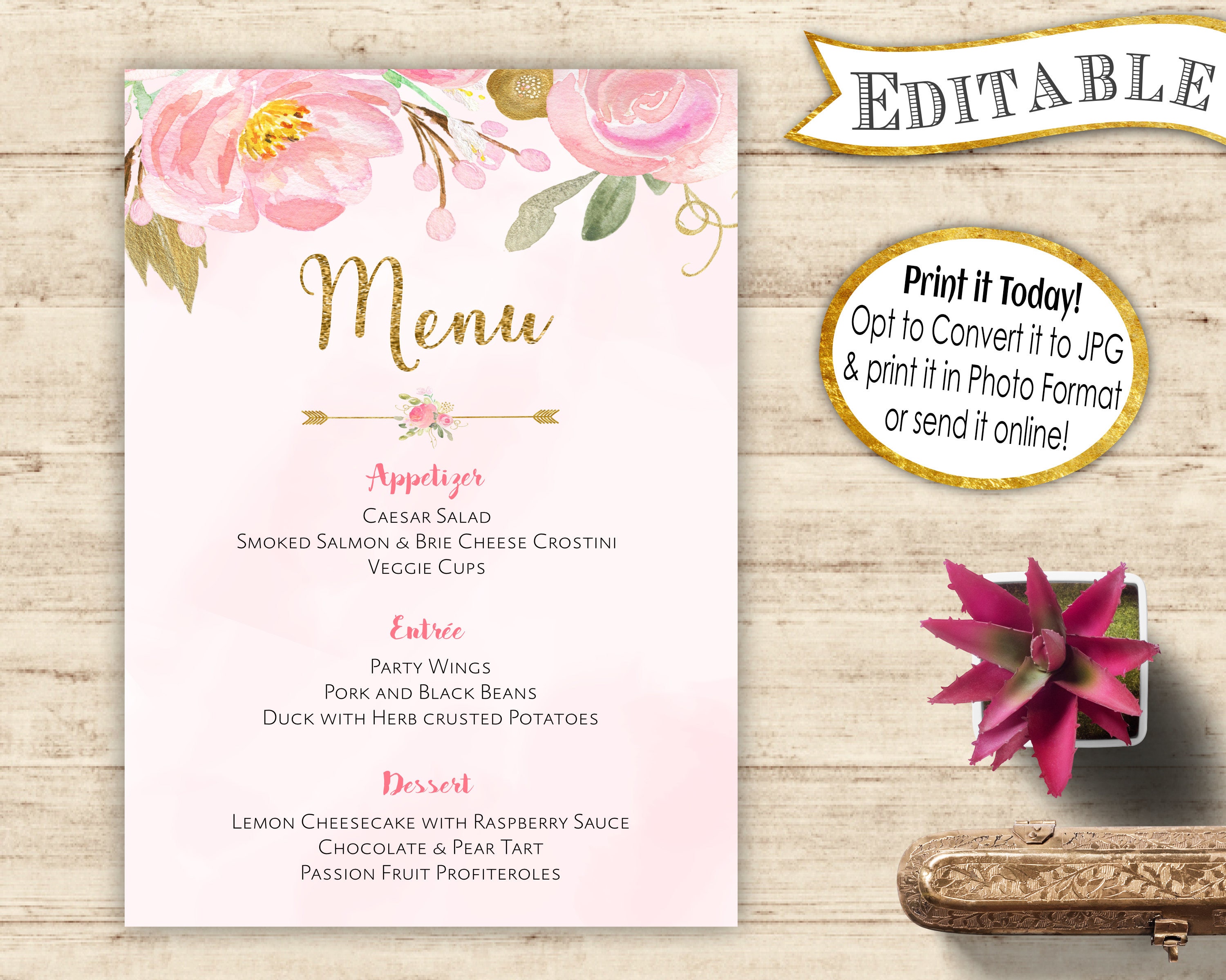 Menu Cards Editable PDF Wedding / Bridal Shower Floral