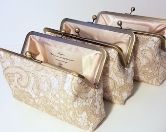 Set of 5, 6 or 7 Gold Lace Bridesmaid Clutches, Personalized Wedding Clutch Set, Maid of Honor Gift, Set of 5, Lace Clutches 8 Inch Frame