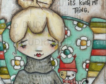 Original Folk Art Mixed Media Whimsical Painting - Knitting is My Thing - Free U.S. Shipping