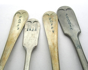 Flower Garden Labels, Ecocycled Plant Markers, Upcycled Cutlery, Gardening Gift, Poppy Petunia Pansy Iris, Rustic Reclaimed VintageForks