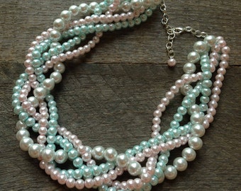 Pink Blue Chunky Pearl Necklace, Multi Strand Wedding Necklace, Pearl Statement Necklace on Silver or Gold Chain