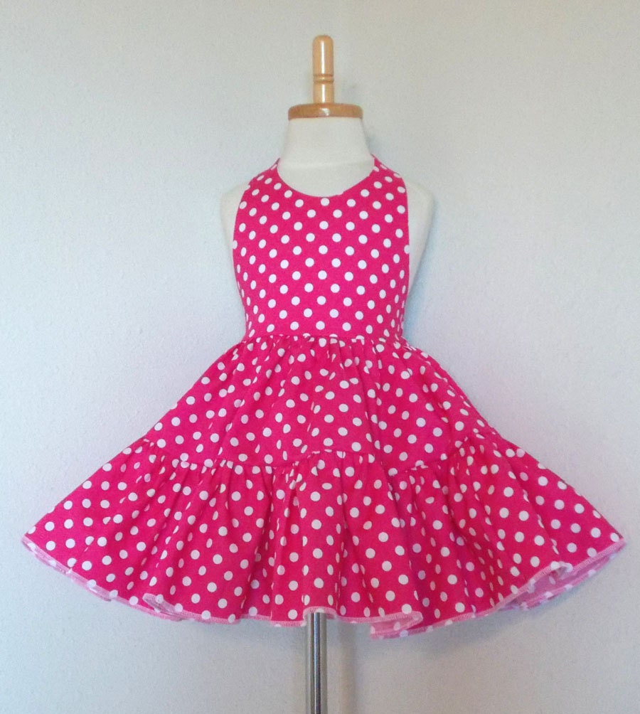 Hot Pink Polka Dot Twirly Halter Dress Sundress with full