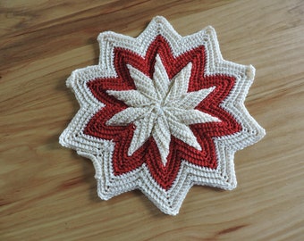 Vintage Star-Shaped Hand-Crocheted Trivet, Crocheted Red and White Star Trivet