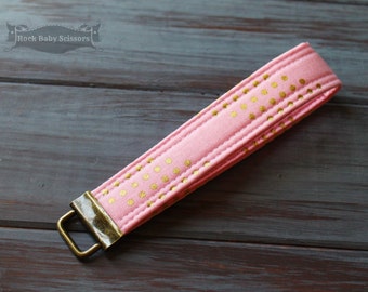 Cotton Candy Pink and Gold metallic Cotton + Steel Dottie Key Fob key chain