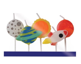 Outer Space Candles Set of 5, OuterSpace Cake Candles Spaceship Cupcake Planets Boy, Girl, Birthday Party Rocket Sun Moon Astronaut