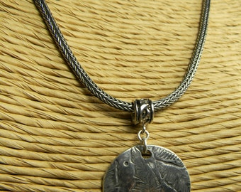 Boho Tribal Jewelry Leaf Textured Sterling Silver Pendant Snake Woven Bali Chain