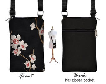 Black iPhone 8 / Plus Case Asian Blossom Sling Bag Fabric Cell Phone Purse Small Cross Body Bag, plum cherry red white MTO