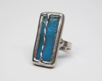 Turquoise Storm - Sterling Silver Stained Glass Ring - Size 7.5