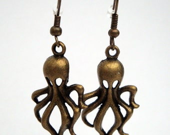 Octopus earrings charms in antique bronze steampunk pirate nautical style