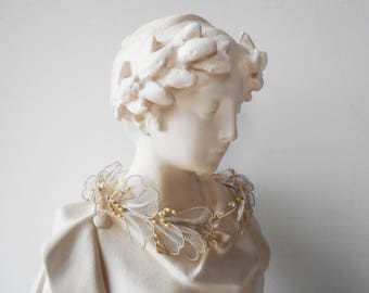 Bridal Crown Antique Wax Flowers Pearls Tulle leaves