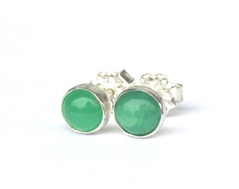 Chrysoprase Stud Earrings 5mm .. Green Chrysoprase Earrings .. Small Stud Earrings .. Handmade Jewelry