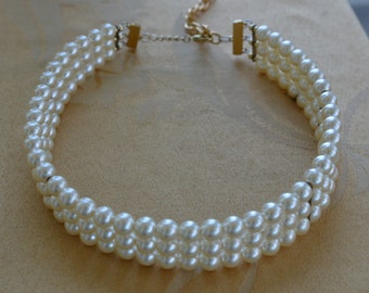 White Faux Pearl Triple Strand Collar Necklace, Adjustable, Vintage, 15"-17-1/2"