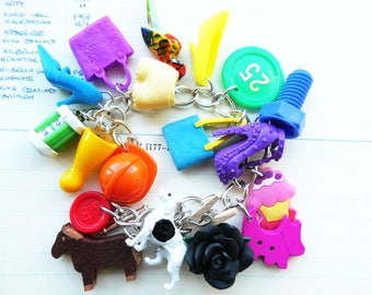 OOAK plastic toys bracelet - kitsch colourful - statement bracelet - rainbow chunky charms bracelet - fun jewelry - dolls accesssories
