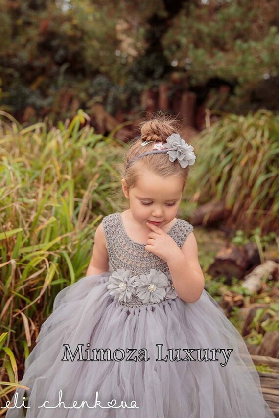 Silver Grey Flowergirl dress, tutu dress, bridesmaid dress, princess dress, silk crochet top tulle dress, hand knit silk top tutu dress
