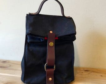 Black Waxed Canvas, Cordura, and Leather Reusable Insulated Lunch Bag