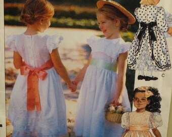 Flower Girl Dress Pattern, Girls Party Dress, Full Skirt, Lace Back, Ruffle/Puff Sleeve Vogue No. 7734, UNCUT Size 1 2 3
