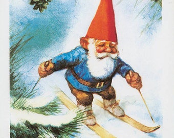 Vintage art print 80s. David the gnome in the winter on skis. By Rien Poortvliet.