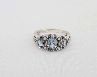 Vintage Sterling Silver Aquamarine & Seed Pearl Ring Size 8