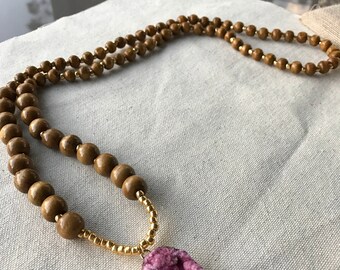 Pink Druzy with Gold Trimmed and Wood Beads