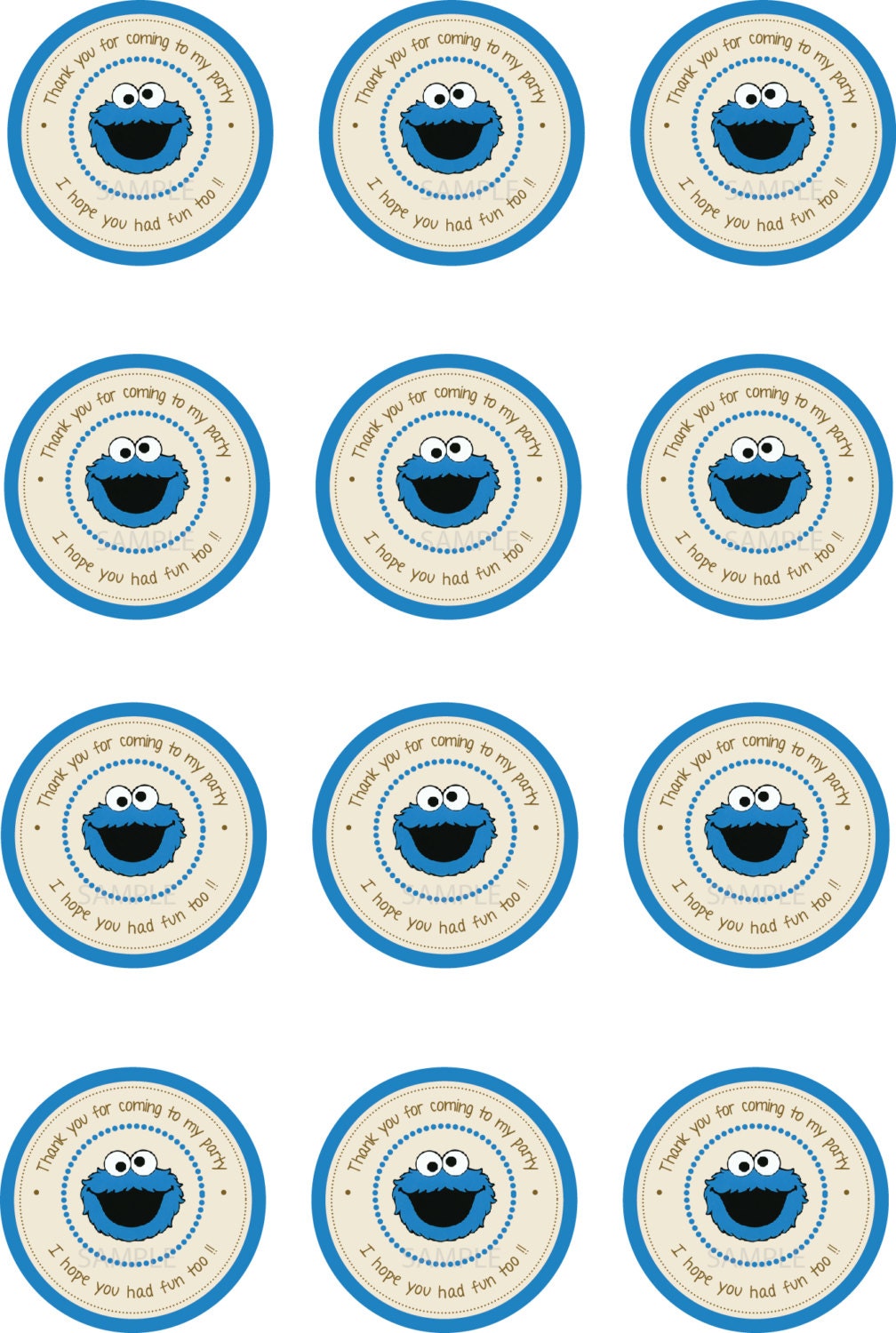 Sesame Street Party Labels Cookie Monster Thank you labels