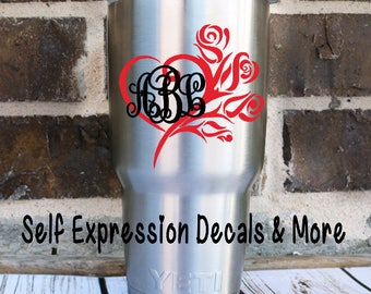 Personalized Rose Heart Decal // Yeti Car Tumbler Tervis // Script Monogram