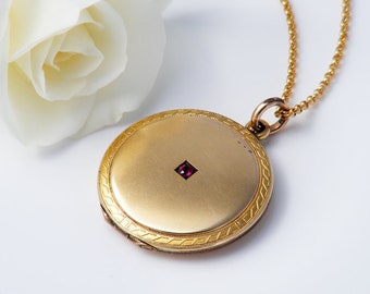 Satin Gold Antique Locket Necklace with Pink Gemstone, Round Gold Locket, Edwardian Gold Locket - 24 Inch Chain