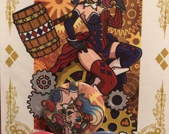 Steampunk Harley Quinn Button or Magnet Set