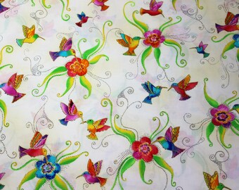 Laurel Burch Rare Oop FLYING COLORS II Hummingbirds on Cream Fabric - By The Half Yard