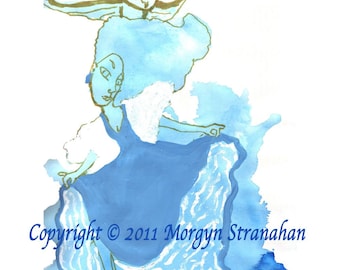 Blue curtsy - Mixed Media OOAK Drawing