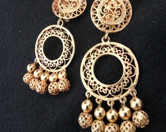 Vintage Alfred Sung Goldtone Filigree Chandelier Clip on Earrings
