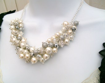 Ivory White and Silver Pearl Beaded Necklace with Rhinestones, Bridal Jewelry, Cluster Necklace, Chunky Necklace, Bridesmaid Gift, Wedding