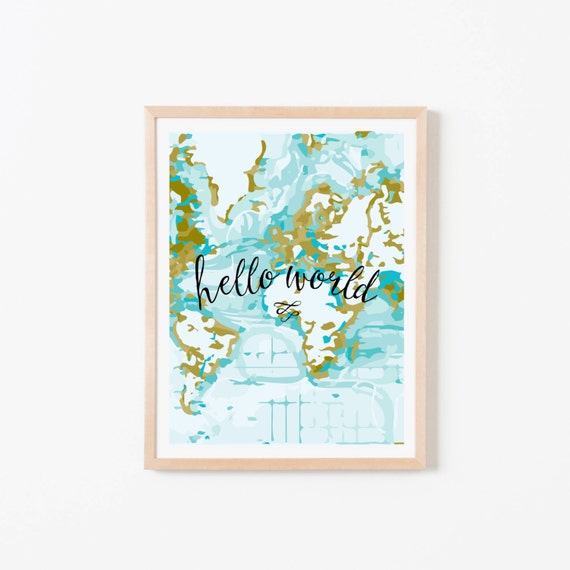 Hello World Aqua Vertical Nursery Art. Nursery Wall Art.