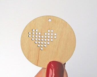 Set of 3, Cross Stitch Pendant, Circle with Heart, 40 mm, Cross Stitch Blank, Plywood Blank, Pendant, Earring, Brooch, Necklace, Laser Cut