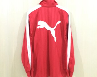 Rare!! Vintage 90's PUMA Trainer Jacket Big Logo Embroidery Sweater Polyster Red Colour XLarge Size