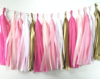 Tissue Tassel Garland 20 Tassels. Pink, Gold and White
