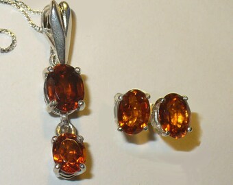 Orange Garnet Pendant & Earrings - Bright, Sparkling Genuine Natural Hessonite Gemstones in Solid Sterling Silver
