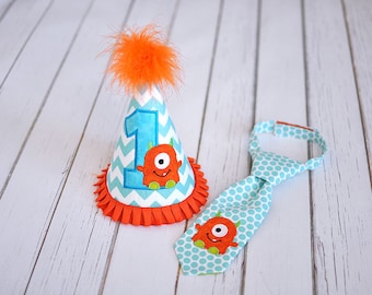 Little Monster Aqua Orange Turquoise Party Hat and Little Guy Tie - Lil Monster First Birthday Party Cake Smash Outfit