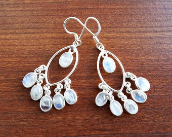 Moonstone Earrings - Rainbow Moonstone Chandelier Earrings - Sterling Silver Moonstone Dangle Earrings - Moonstone Jewelry- Boho Earrings