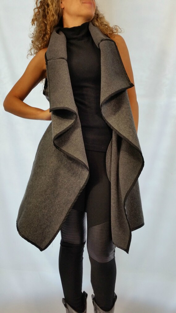 High Collar Coat / Asymmetrical Vest with Pockets /Wool