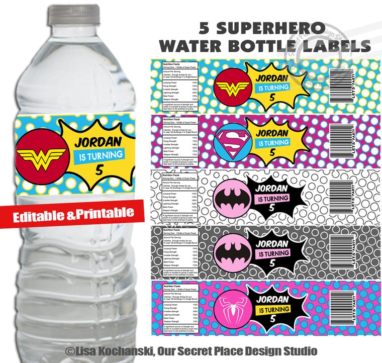 instant download personalized girl superhero water bottle