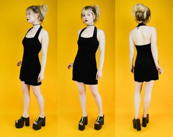 90s Black Velvet Halter Neck Mini Dress S
