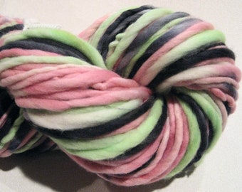 Super Bulky Handspun Yarn Sushi 96 yards hand dyed merino green pink black waldorf doll hair knitting supplies crochet supplies