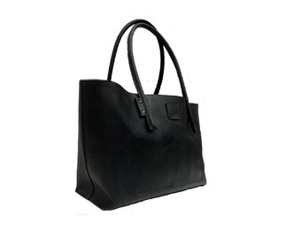 Black large leather bag shopping bag tote bag shopper used look handmade