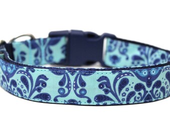 Damask Dog Collar 1" Blue Dog Collar