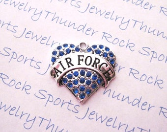 AIR FORCE Charm, Antique Silver, blue crystals, Pendants, MILITARY, Armed Forces, Soldier Mom, hearts