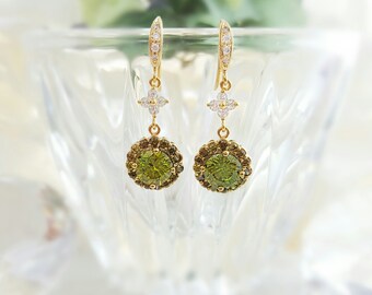 Green Crystal Dangle Earrings - Long Crystal Earrings - Green Crystal CZ Earrings - Olive Green Earrings - Green Tourmaline Earrings E2405