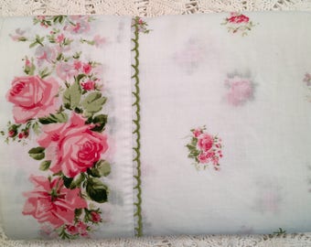 Vintage Full Flat Sheet with Pink Roses - Marvelaire by Springmaid - Pink & Green Floral on White - Full Flat - Pink Roses