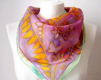 Square scarf Fern - violet scarves - mint scarves - gold leafs hand painted silk scarf - bright green and purple neck scarf - summer solace