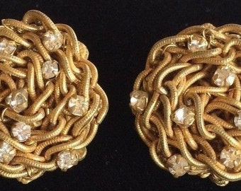 Pretty Vintage Miriam Haskell Earrings~Rhinestones/Goldtone Filigree~Signed