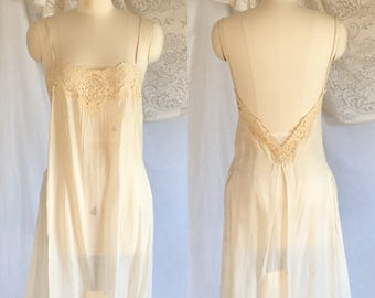 Vintage 1920's Step in Chemise Slip | Ivory Silk & Ecru Lace | Edwardian Camiknickers | Monogram | Size M/LG